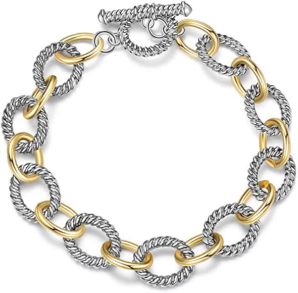 Link Bracelet Two Tone Circles Chain Silver and Gold Wire Cable Bangle Designer Inspired Bracelet... | Amazon (US)