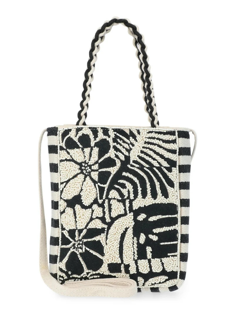No Boundaries Women's Beaded Crossbody Tote Bag, Black/White | Walmart (US)