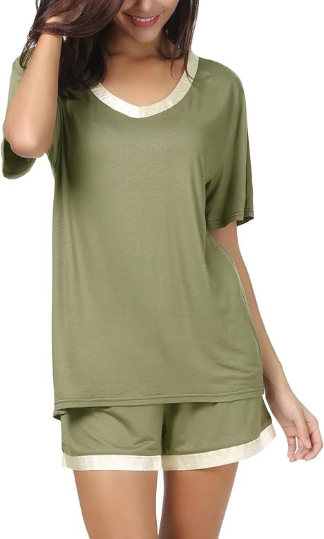 Women Nightwear Short Sleeve Shirt and Shorts Pajama Set V Neck Sleepwear | Amazon (US)