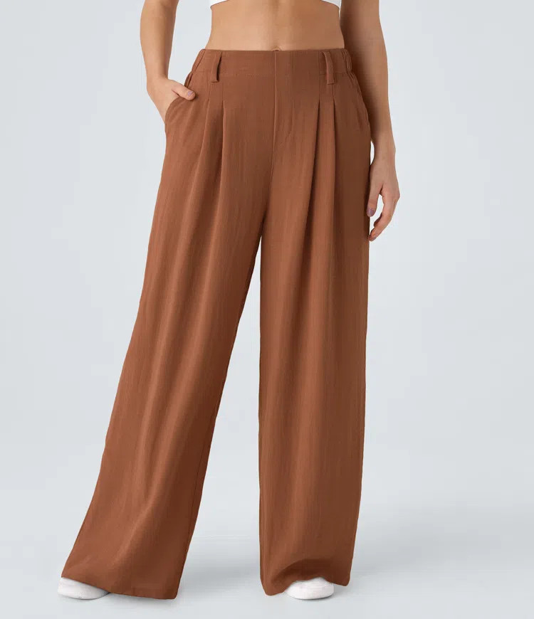 Women’s High Waisted Side Pocket Wide Leg Flowy Solid Palazzo Casual Linen-Feel Pants - Halara | HALARA