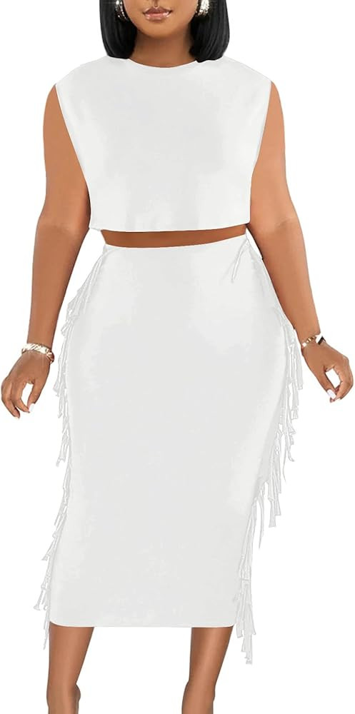 LYANER Women's 2 Piece Outfits Crewneck Fringe Sleeveless Crop Top and Tassel Trim Bodycon Midi S... | Amazon (US)