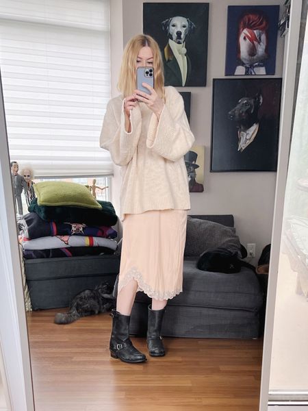 I saw this vintage slip and knew I wanted it as a skirt. Ive had these moto boots for 10 years now and they are perfectly worn in. And this sweater was on super sale at Banana Republic. 

•
#springlook  #torontostylist #StyleOver40  #secondhandFind #fashionstylist #slowfashion #FashionOver40  #MumStyle #genX #genXStyle #shopSecondhand #genXInfluencer #genXblogger #secondhandDesigner #Over40Style #40PlusStyle #Stylish40
!

#LTKOver40 #LTKShoeCrush #LTKStyleTip