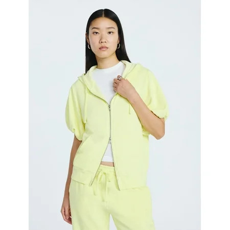 Scoop Women’s Mineral Washed Zip Hoodie with Short Puff Sleeves, Sizes XS-XXL | Walmart (US)