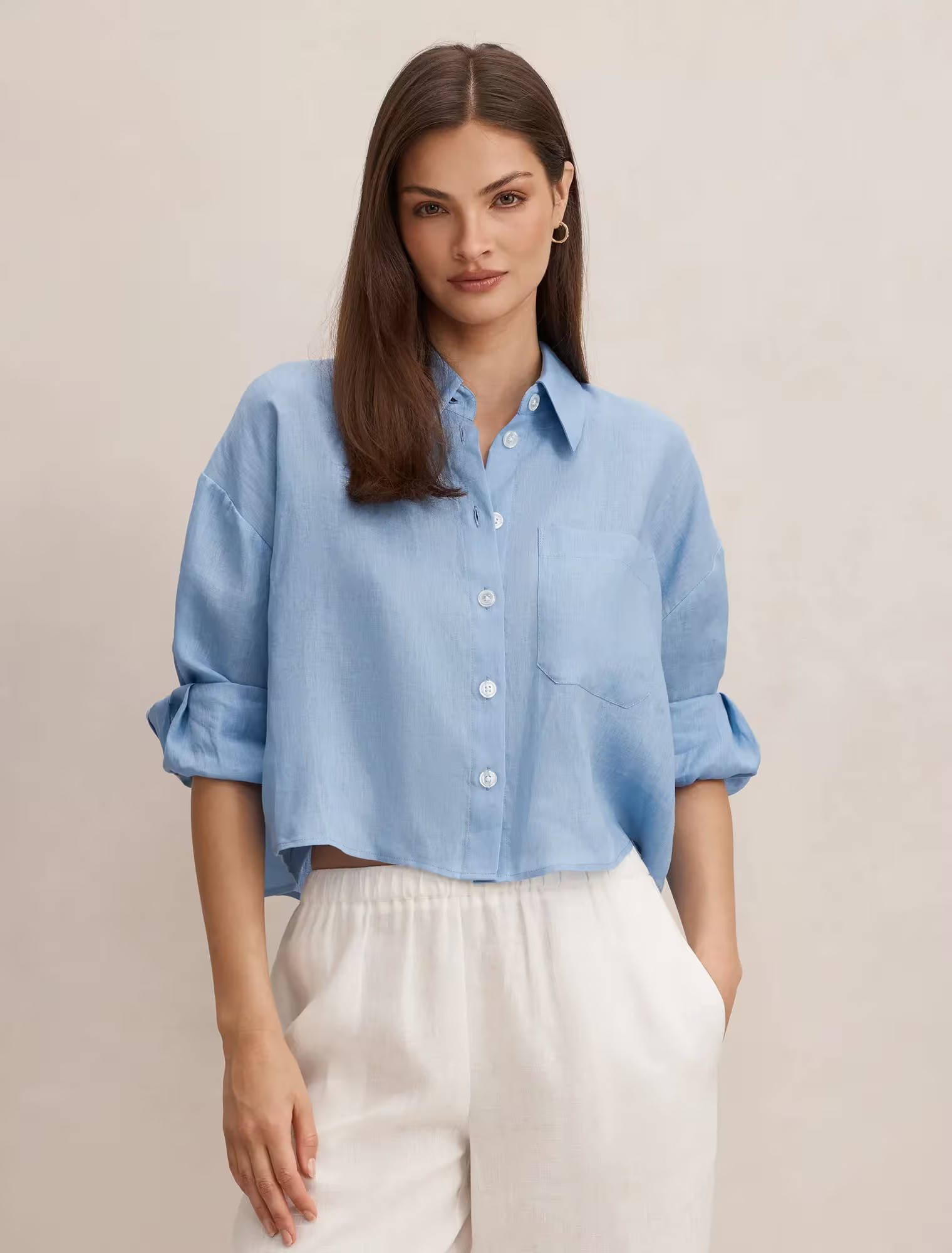 Forever New Women's Bowie Cropped Shirt in Blue | Forever New (AU)