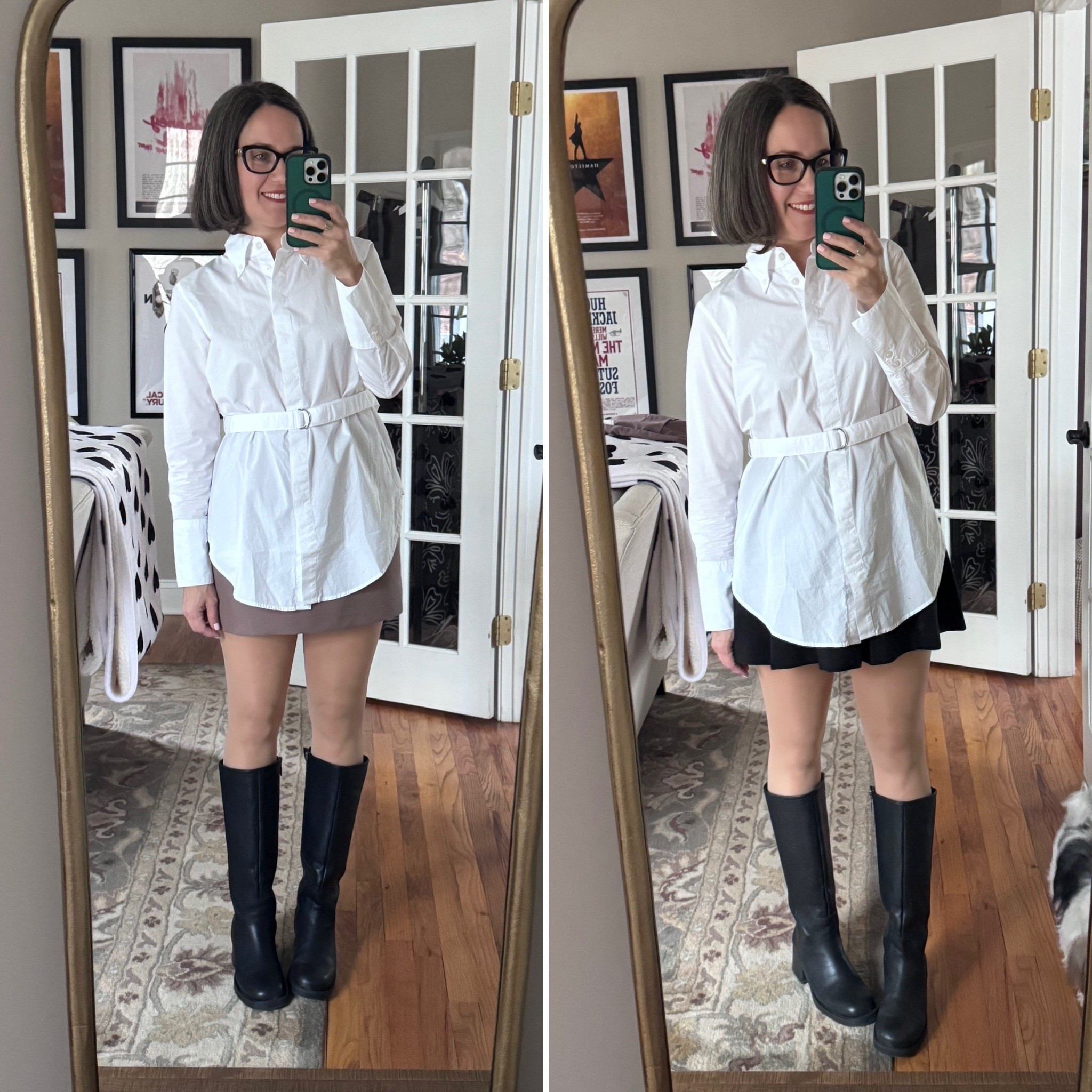 Which is better? Khaki midi skirt or pleated black mini skirt?

#LTKOver40 #LTKSeasonal #LTKmomlife