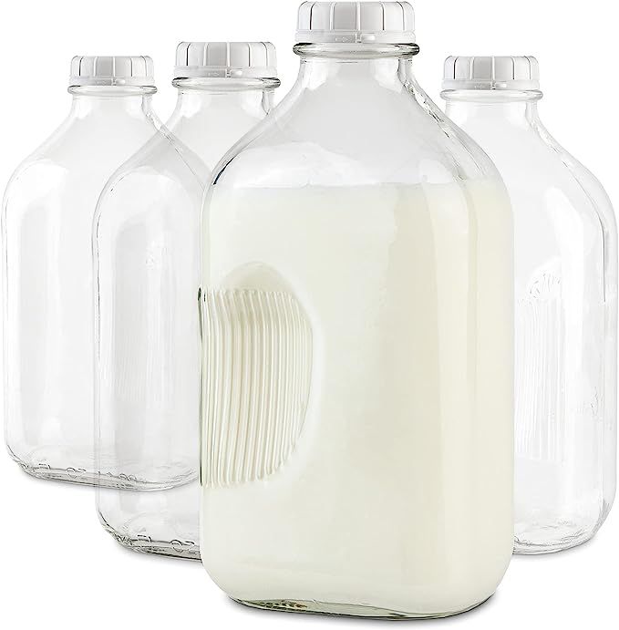 64- Oz Glass Milk Bottles with 8 White Caps (4 Count ) - Food Grade Glass Bottles - Dishwasher Sa... | Amazon (US)