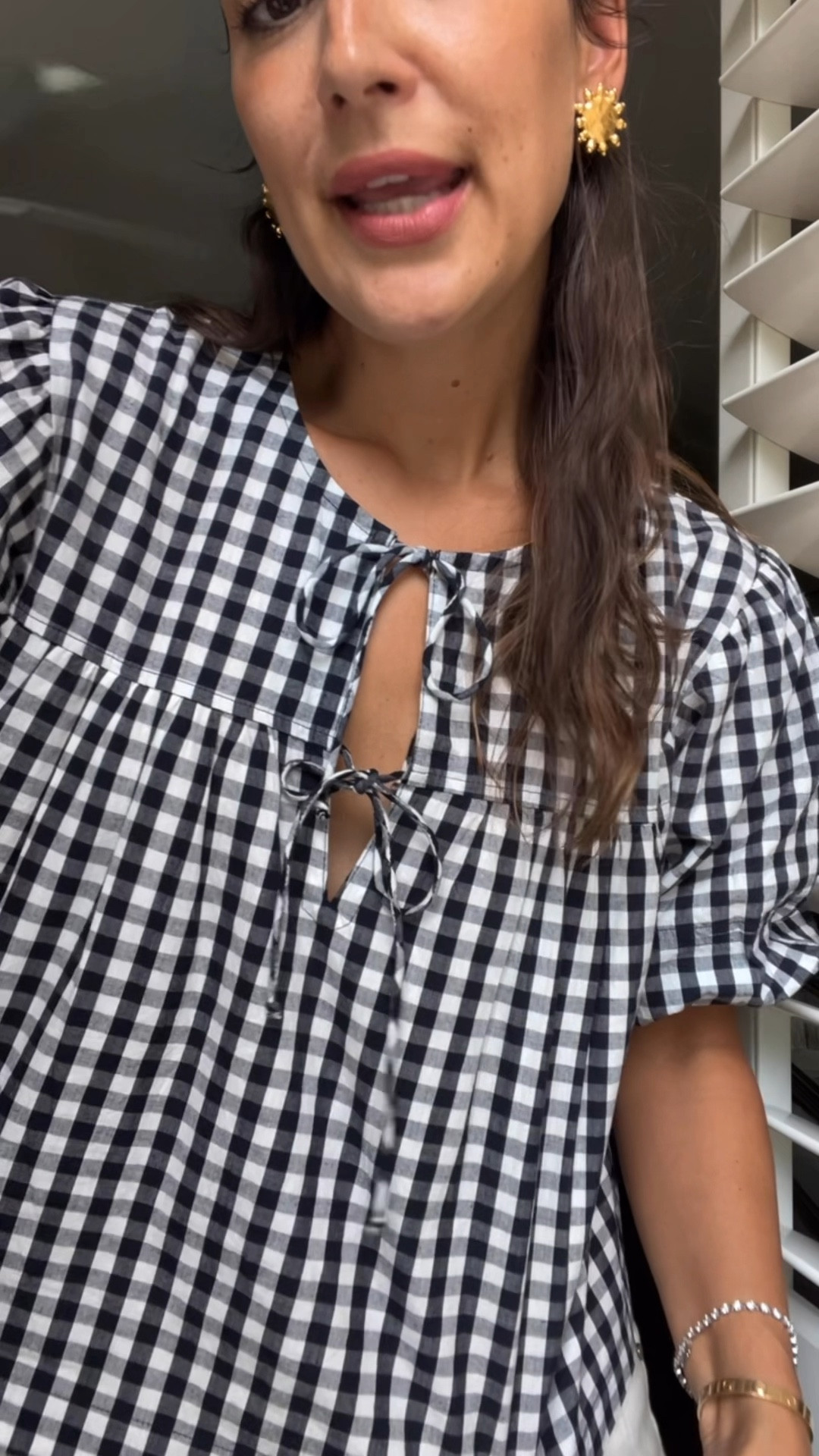 Gingham top, ecru shorts, lemon raffia sandals