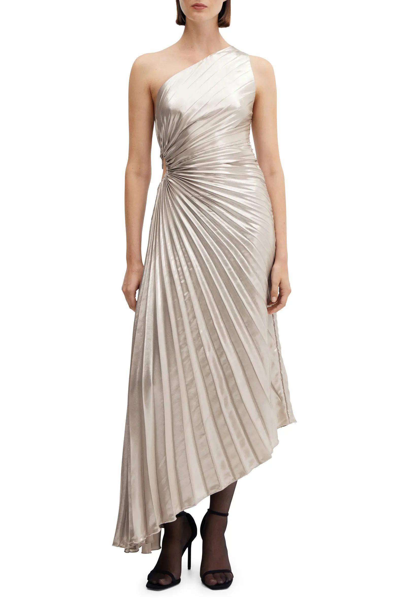 MANGO Asymmetric Cutout Pleated Satin Dress | Nordstrom | Nordstrom