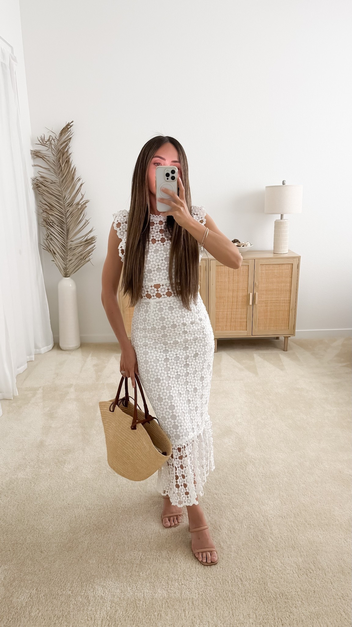 Loving this white lace midi dress for spring (I’m 5ft 105lbs wearing size 0). Perfect for brunch outfits, bridal shower outfits, or spring date outfits! Paired it with my favorite raffia basket bag and nude heels for my friend’s baby shower. Comes in pink and navy blue too! | white dress, white midi dress, spring dress, summer dress, petite dress, petal & pup, neutral outfit, minimalist style, petite fashion, spring capsule wardrobe // neutrallynicole, @neutrallynicole, neutrallynicole.com, Neutrally Nicole

#LTKootd #LTKWedding #LTKPetite