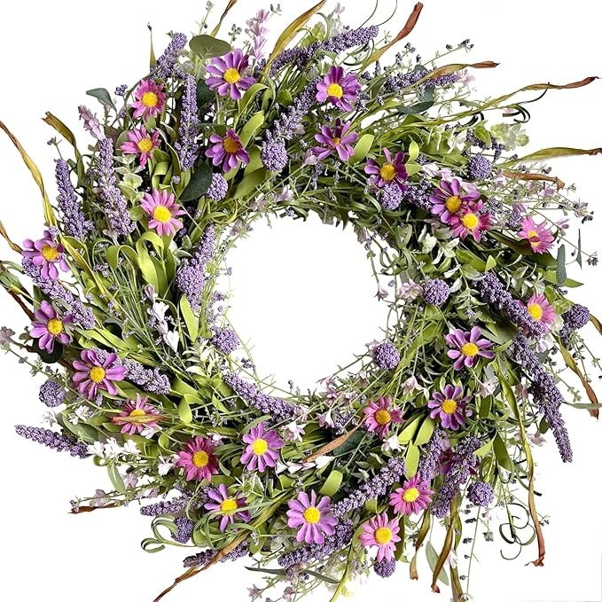 24 Inch Spring and Everyday Greenery Wild Flower Wreath for Front Door, Mixed Green Leaves and Fl... | Amazon (US)