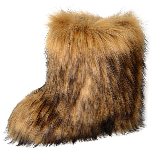 YXCFEWD Fur Boots for Women Winter Fluffy Furry Boots for Girls Flat Heel Snow Boots(Brown, 11) | Amazon (US)