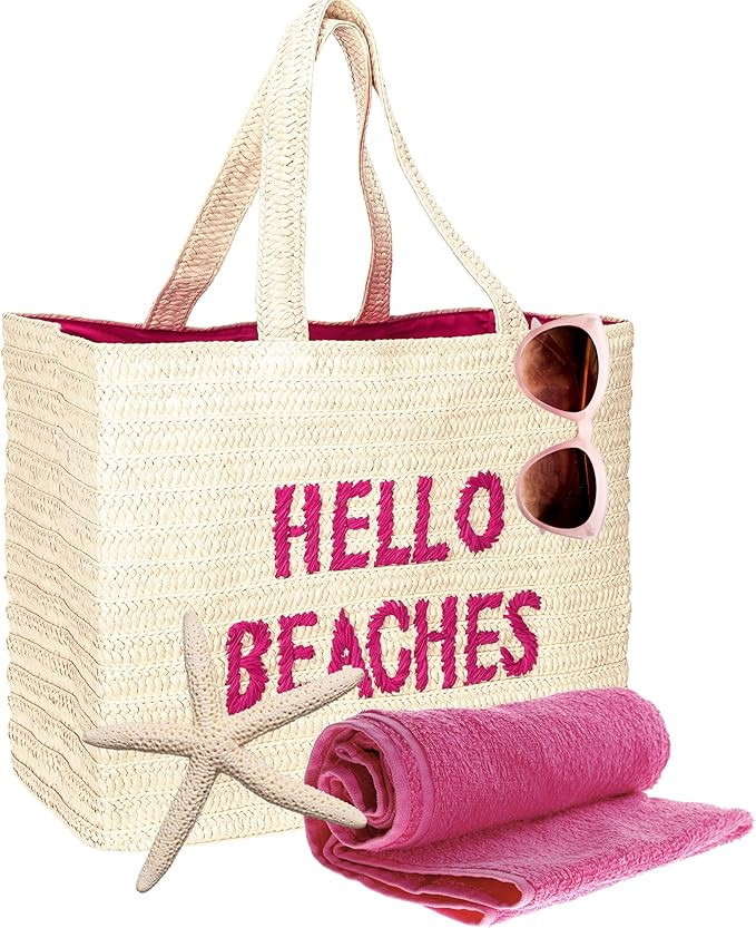 Hello Beaches A Packable Beach Bag | The Straw Beach Tote Bag of 2025 | Beach Bags for Women Vaca... | Amazon (US)