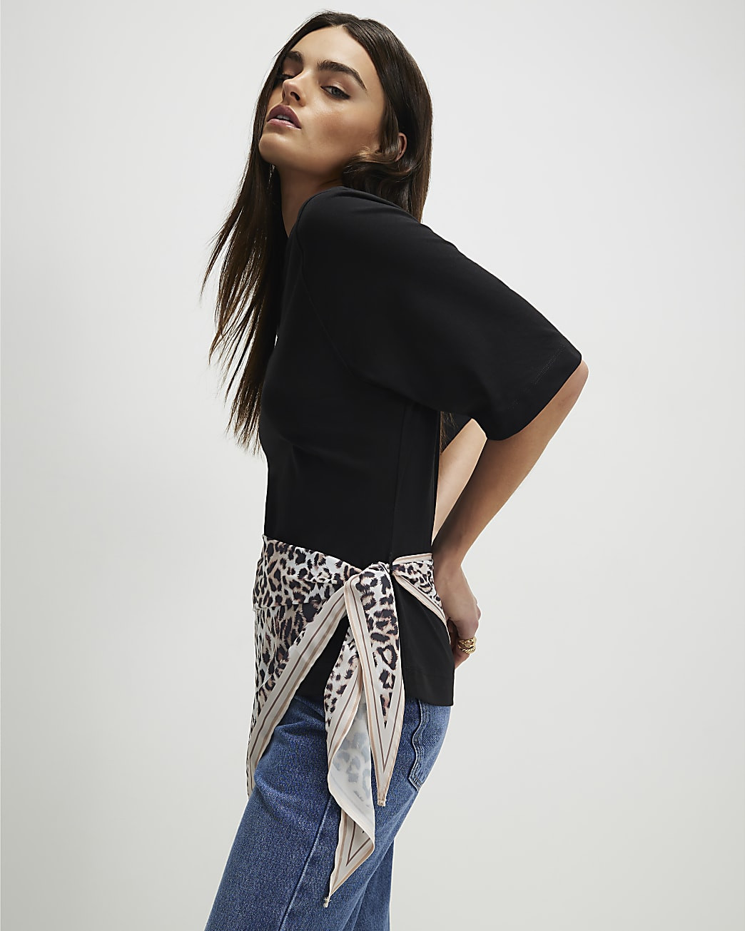 Black Short Sleeve Leopard Scarf Mix T-Shirt | River Island UK & IE