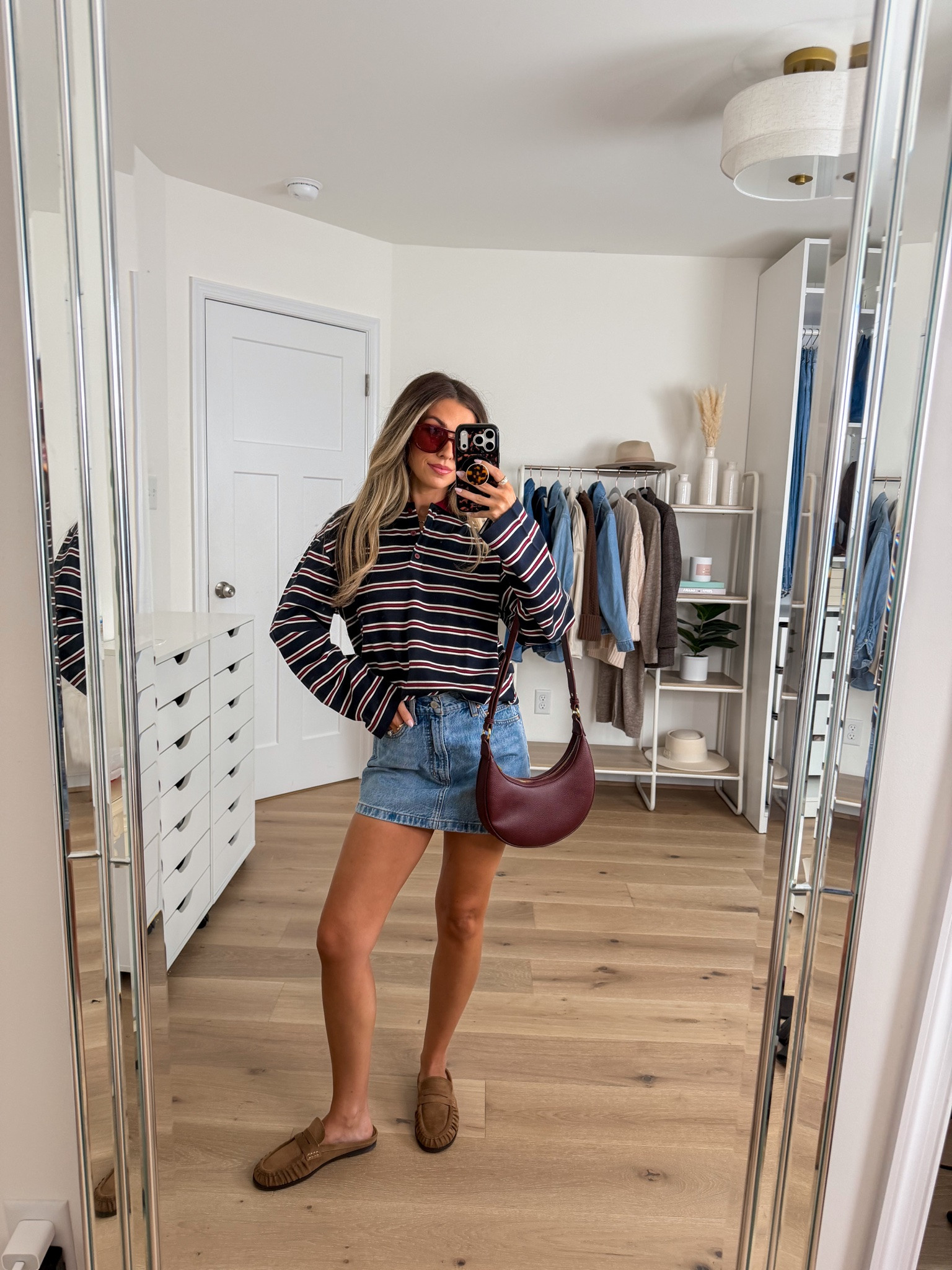 Casual fall outfit idea 
+ burgundy and navy rugby pullover: small
+ denim forum mini skirt: 24 
+ mules: true to size 

Fall outfit 
Fall shoes
Fall style

#LTKPetite #LTKSeasonal #LTKootd