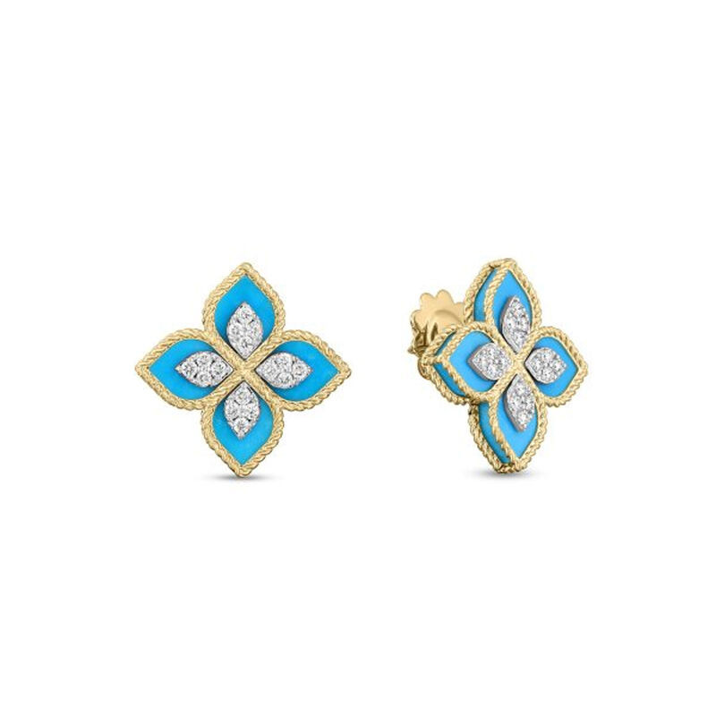 Roberto Coin Venetian Princess Diamond & Turquoise Flower Earrings 18K Yellow/White Gold. | Ben Bridge Jeweler