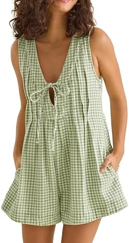 Womens Patterned Sleeveless Romper Deep V-Neck Tie Front Overalls Jumpsuit for Summer Beach Vacat... | Amazon (US)