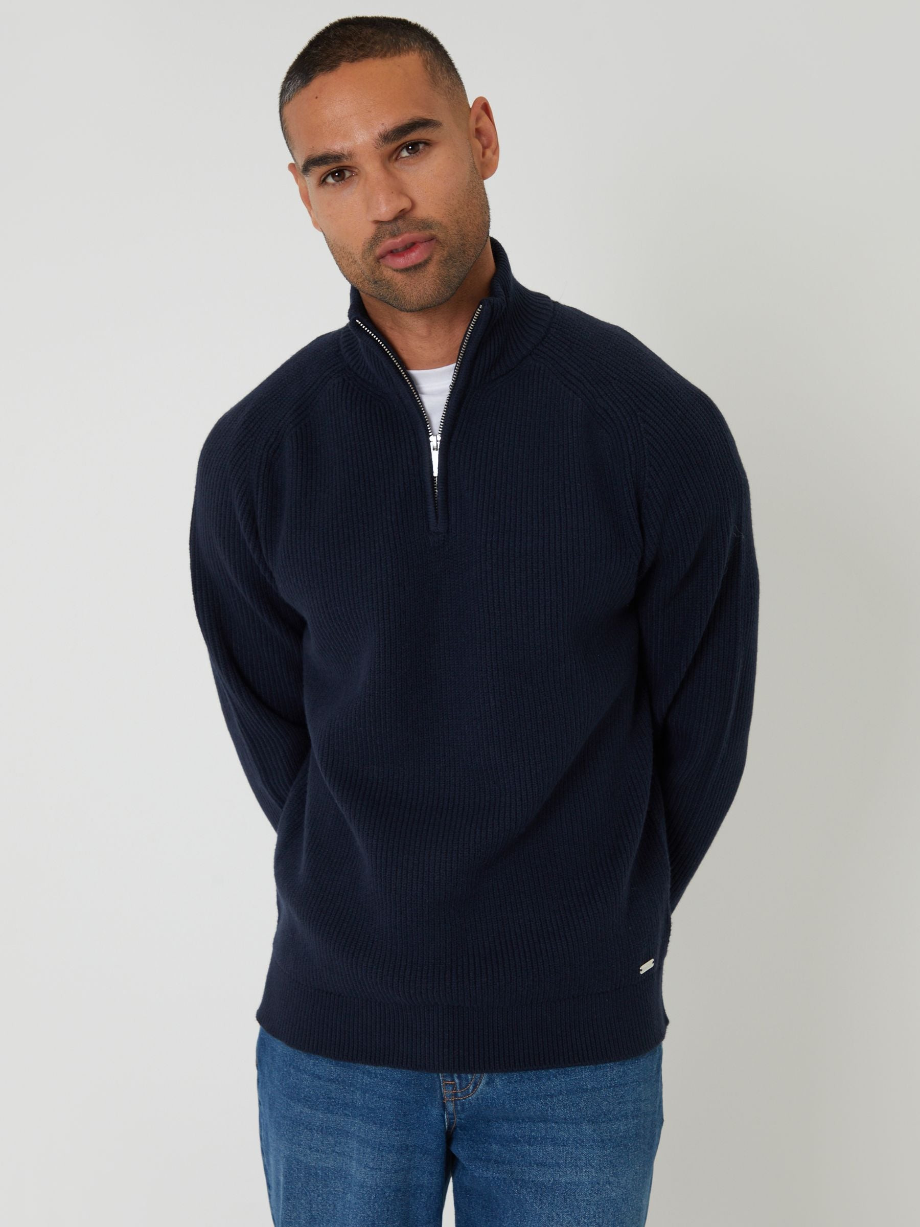 Threadbare Threadbare Blue Rib Panel Quarter Zip Knitted Jumper | Next US