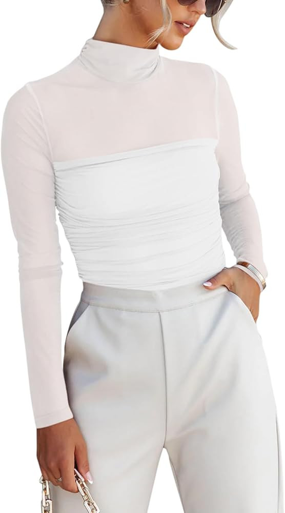 REORIA Women’s Trendy Sexy Mock Turtle Neck Long Sleeve Sheer Mesh Ruched Going Out Bodysuits T... | Amazon (US)