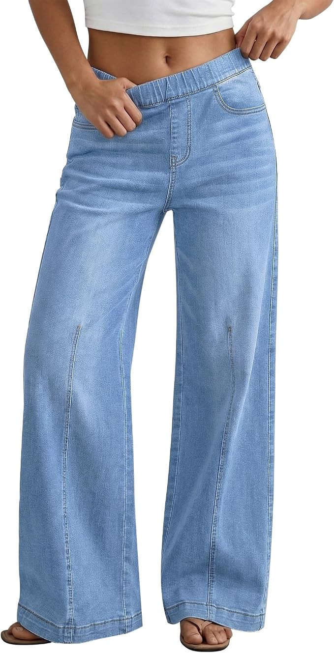 GRAPENT Womens Wide Leg Jeans High Rise Pull On Elastic Waist Denim Pants | Amazon (US)