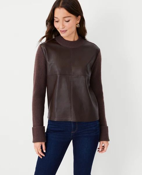 Faux Leather Mixed Media Sweater | Ann Taylor (US)