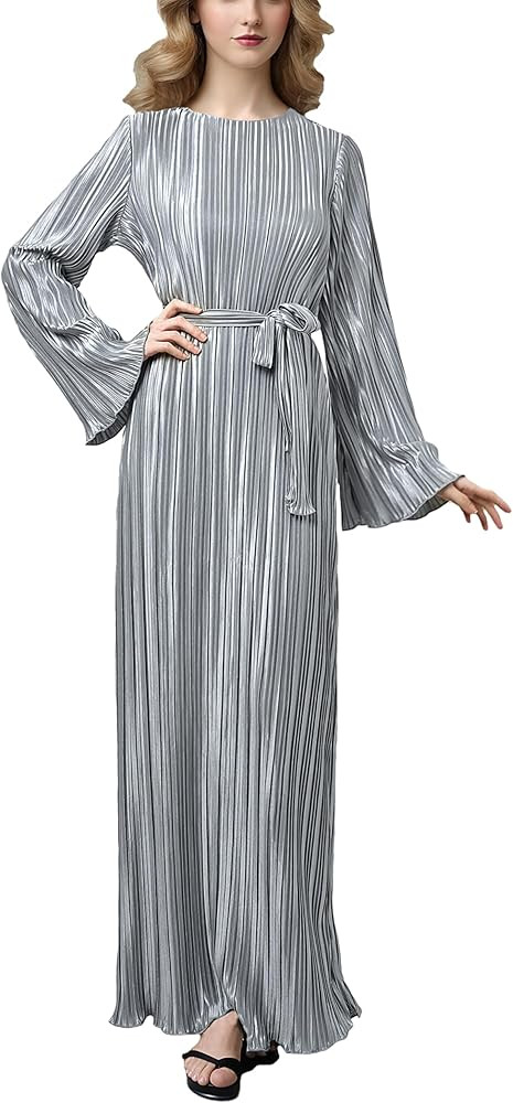 Pluto & Fox Women's Crew Neck Plisse Maxi Dress Long Sleevele Flared Cuffs Belted Pleated Party C... | Amazon (US)