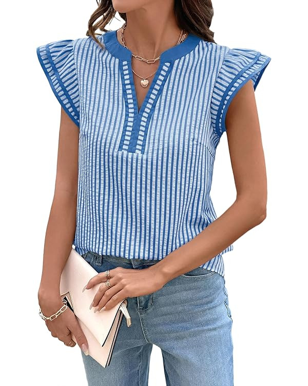 Dokotoo Womens Summer Tops Casual V Neck Cap Short Sleeve Striped T Shirts Loose Boho Blouses | Amazon (US)