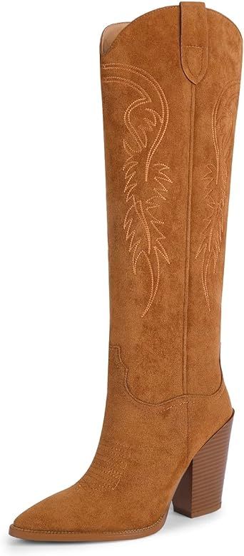 ISNOM Women's Western Boots Knee High Boots, Cowboy Cowgirl Embroidered Chunky Block Heel Pointed... | Amazon (US)