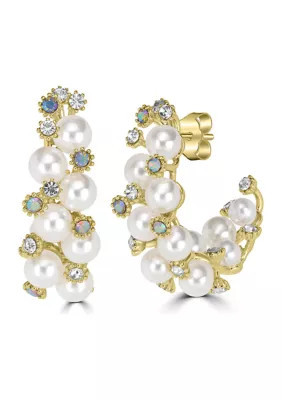 Belk Silverworks Gold Plated Cubic Zirconia and Pearl Cluster Hoop Earrings | Belk