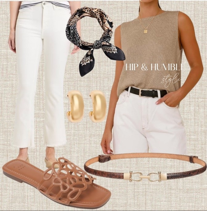 Neutral spring outfit- white jeans. Neutral knit top, scarf, gold
Accessories, neutral
Sandals 

#LTKSeasonal #LTKootd #LTKOver40