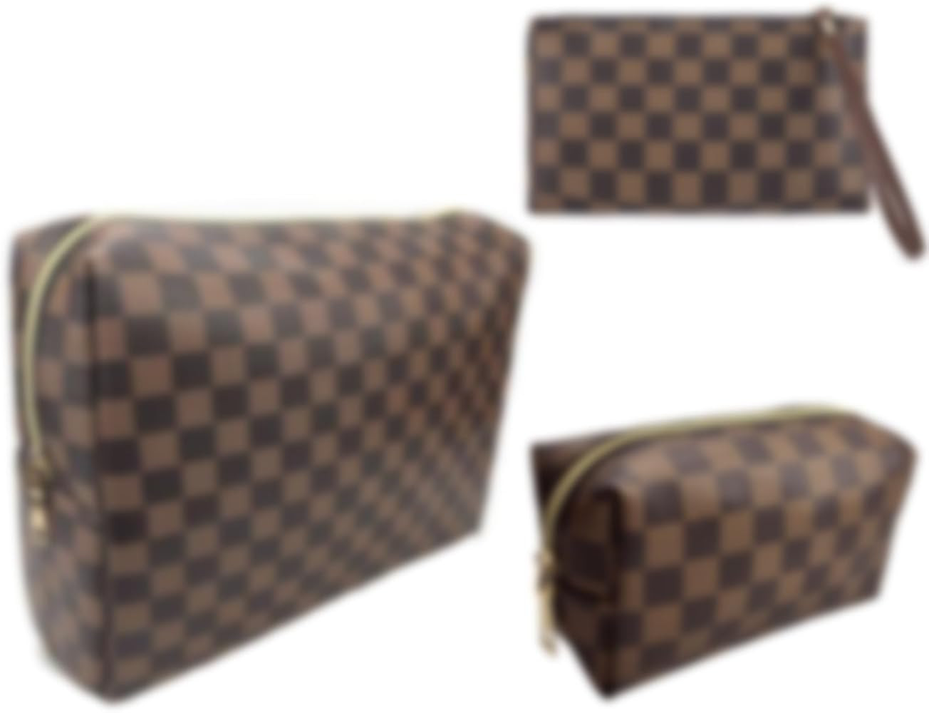 bopomofo Brown Checkered Cosmetic Bag 3 Pack,1 Big Pouch,1 Makeup Brushes Holder, 1 Coin Purse,Po... | Amazon (US)