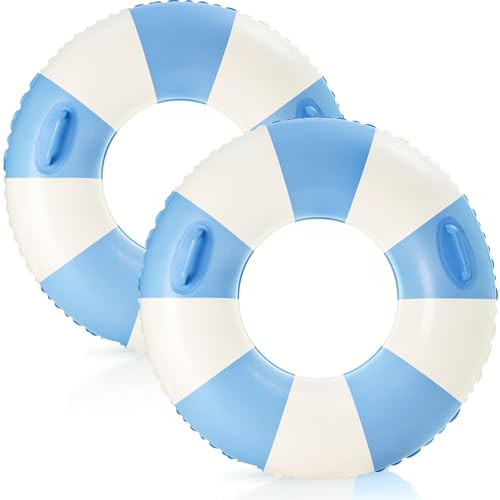 2PCS Stripe Pool Swim Ring with Handles Inflatable Pool Floats 47 Inch Water Fun Large Adult Swimming Pool Float for Beach Lake Summer Party (47IN Blue Stripe) | Amazon (US)