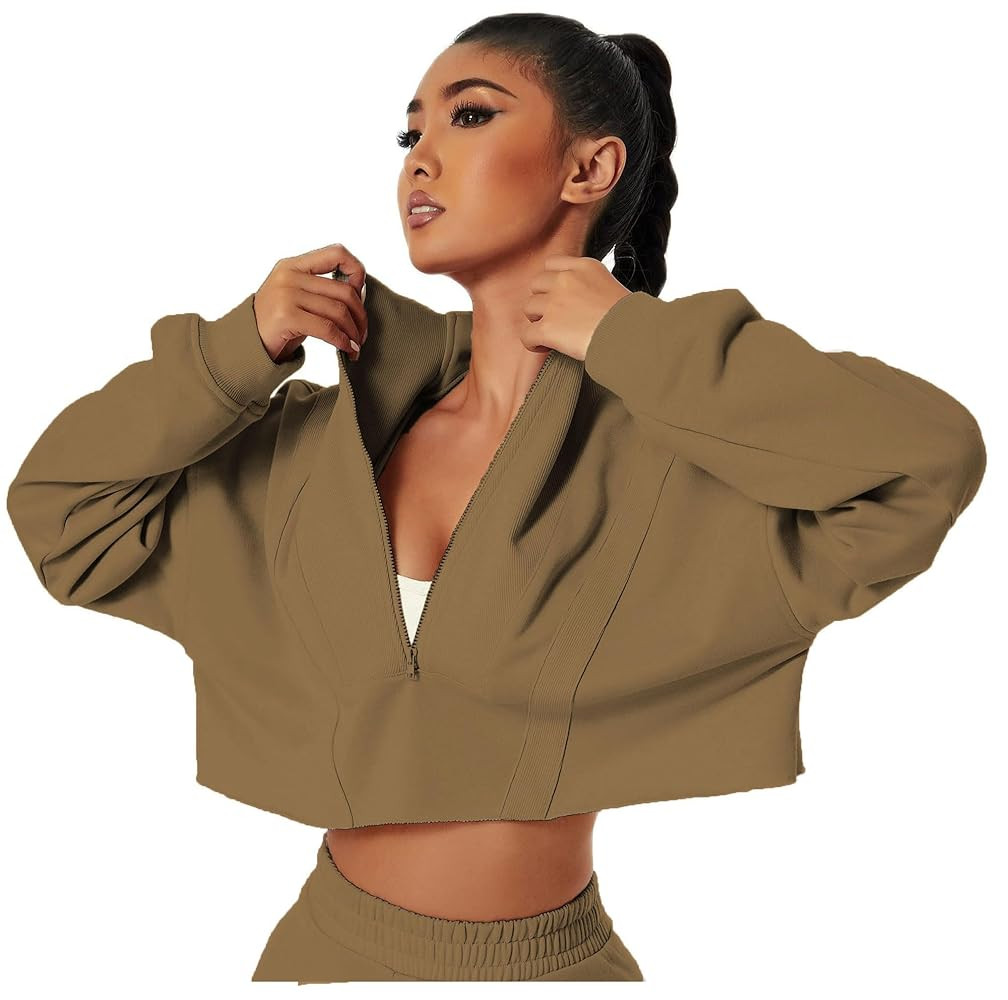 HerGymClothing Womens Cropped Sweatshirt Long Sleeve Half Zip Loose Workout Crop Athletic Jacket | Amazon (US)