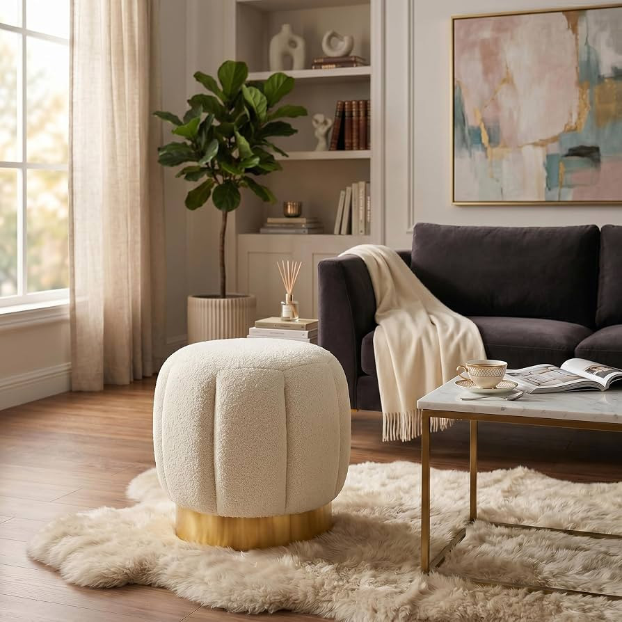 SAFAVIEH Couture Collection Maxine Cream Boucle/Gold Channel Tufted Ottoman (Fully Assembled) | Amazon (US)