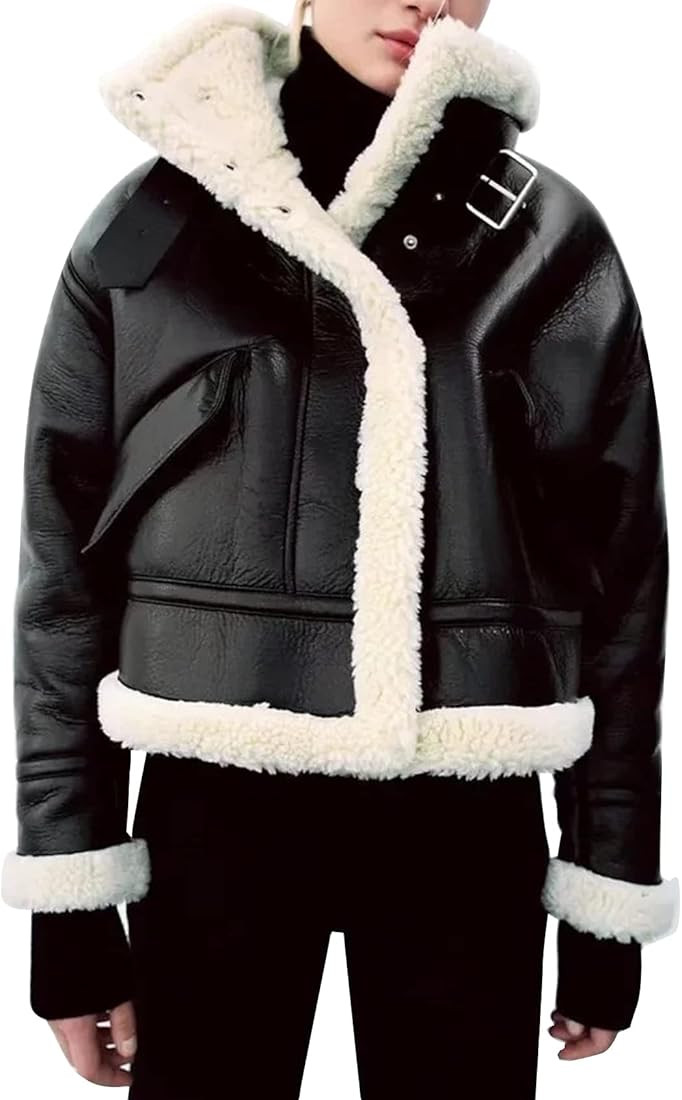 Flygo Women's Faux Leather Moto Jacket Oversized PU Fur Shearling Short Bomber Jacket | Amazon (US)