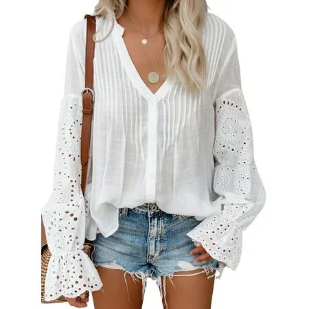 Happy Sailed Women s V Neck Lace Crochet Flowy Bell Sleeve Button Down Casual T Shirts Blouses Tops  | Walmart (US)