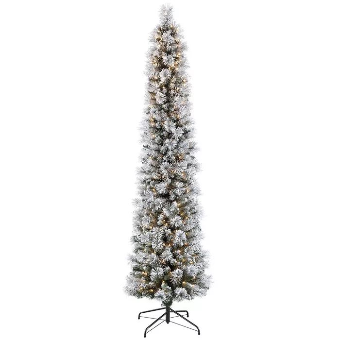 7.5ft Pre-lit Artificial Pencil Christmas Tree Flocked Portland Pine | Target