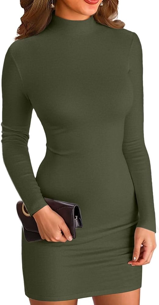 VICHYIE Women Mock Neck Ribbed Bodycon Dress Long Sleeve Mini Pencil Dresses | Amazon (US)
