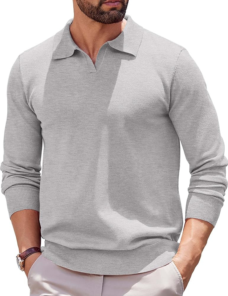 COOFANDY Long Sleeve Polo Shirts for Men Knit Polo Sweater Lightweight Ribbed Pullover Sweater | Amazon (US)