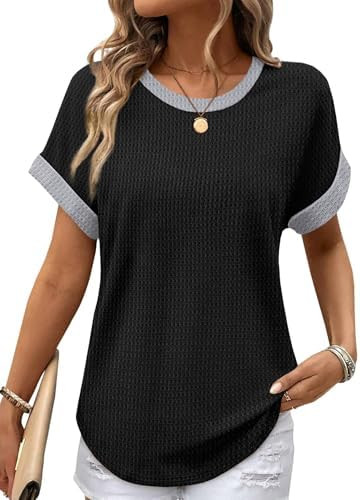Sampeel Summer Tops for Women 2026 Trendy Rolled Short Sleeve Shirts Waffle Knit Crew Neck Tops C... | Amazon (US)
