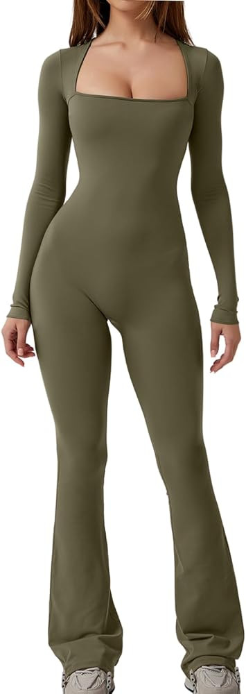 QINSEN Long Sleeve Jumpsuits for Women Square Neck Wide Leg Full Length Romper Playsuit | Amazon (US)