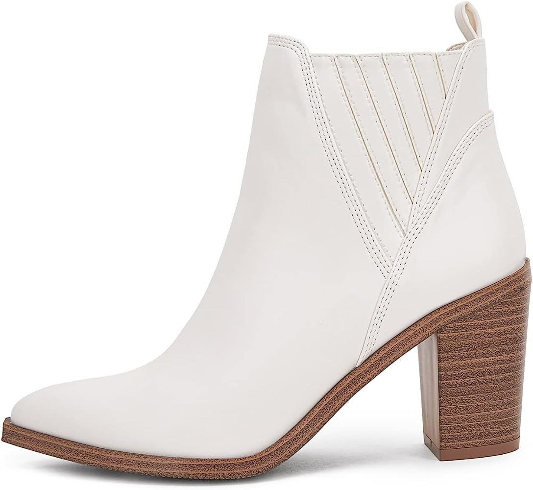Coutgo Womens Pointed Toe Ankle Boots Chunky Stacked Block Mid Heel Western Chelsea Booties | Amazon (US)