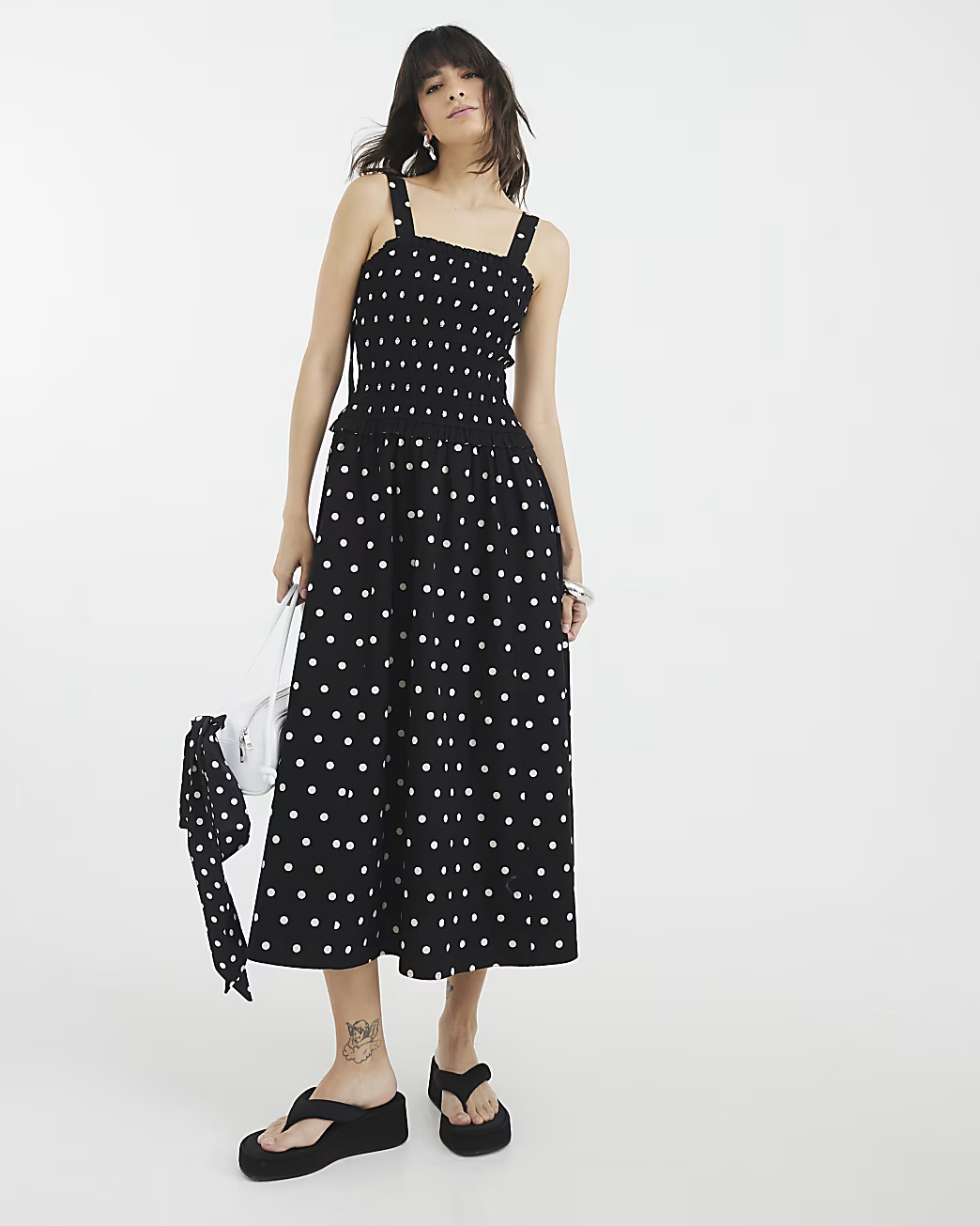 Black Polka Dot Shirred Midi Dress | River Island UK & IE