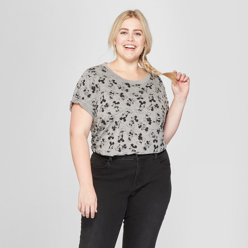 Women's Disney Plus Size Short Sleeve Mickey Mouse Print T-Shirt (Juniors') Heather Gray 2X | Target