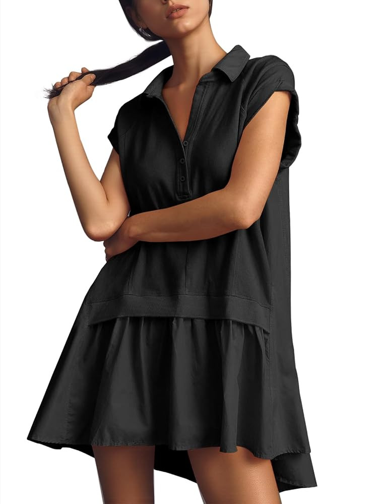 Fisoew Womens Summer Sweatshirt Dresses Short Sleeve V Neck Casual Oversized Patchwork Mini Dress | Amazon (US)