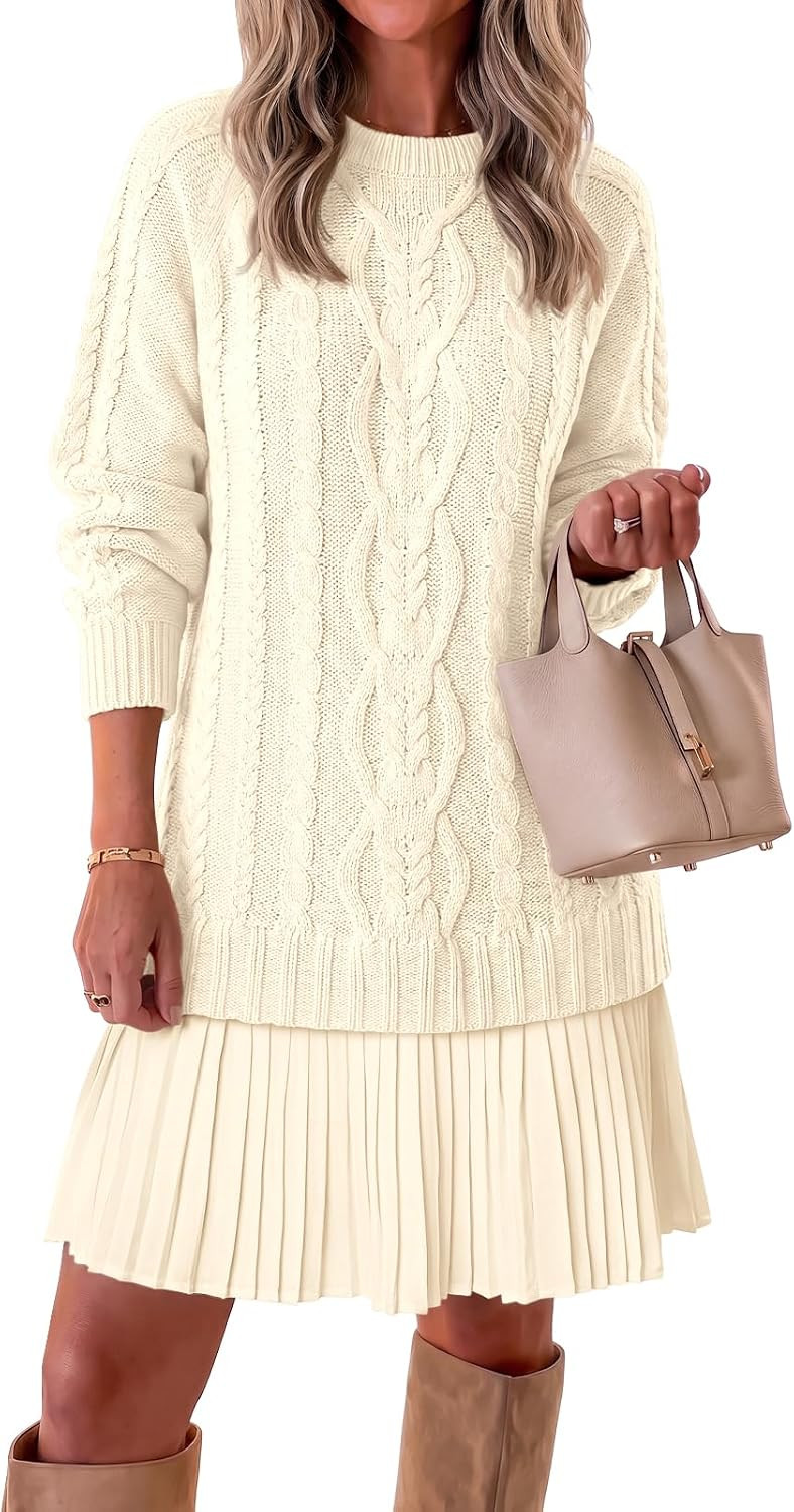 Saodimallsu Womens Cable Knit Sweater Dress Patchwork Pleated Long Sleeve Crewneck Fall Chunky Preppy Mini Dresses | Amazon (US)