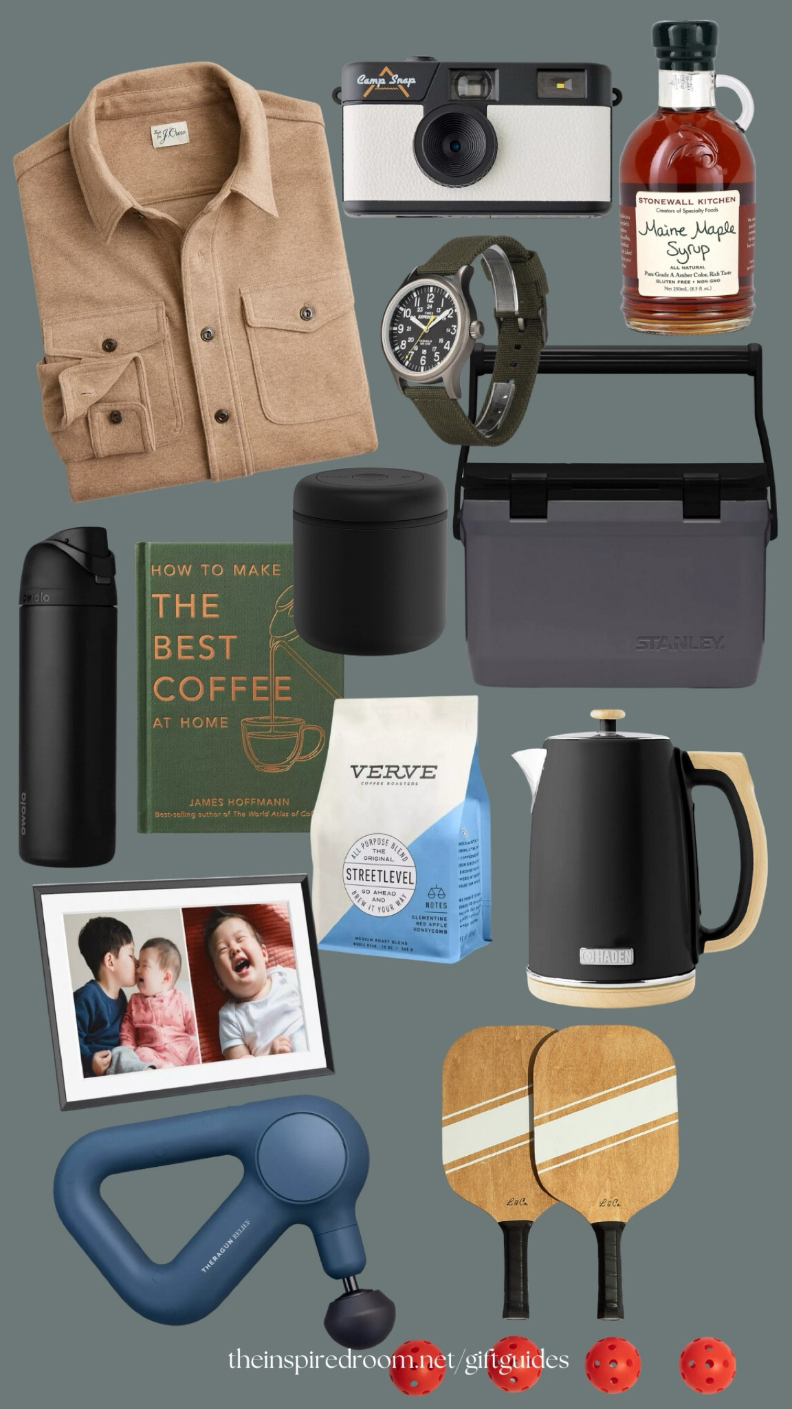 Gift ideas - guide for him. Several things the guys in our family have and love. Cozy button up shirt, timex watch, Maine maple syrup, camp snap camera (we’ve heard so many people love these digital cameras!), nice vacuum sealed canister for coffee beans, how to make the best coffee at home book, Stanley cooler (color options), water bottle, hot water electric kettle, coffee beans, digital picture frame (BEST gift we gave to the grandparents last year, they absolutely love it), massage gun, pickleball set. See more of our ideas at theinspiredroom.net/giftguides

#LTKGiftGuide #LTKCyberWeek #LTKHoliday