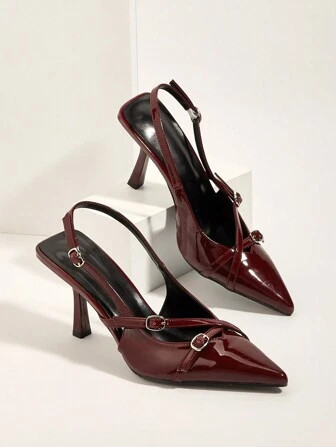 Sexy Burgundy Cross Strap Buckle Stiletto High Heel Sandals With Pointed Toe For Wedding Party | SHEIN