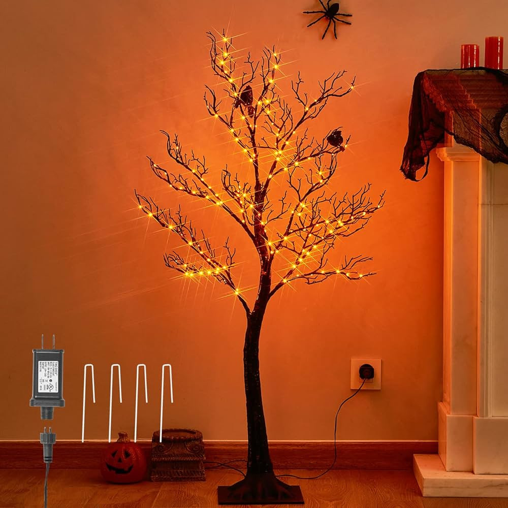 LITBLOOM Halloween Tree with Lights Plug in 4FT 150 Orange Fairy Lights, Lighted Black Spooky Tre... | Amazon (US)