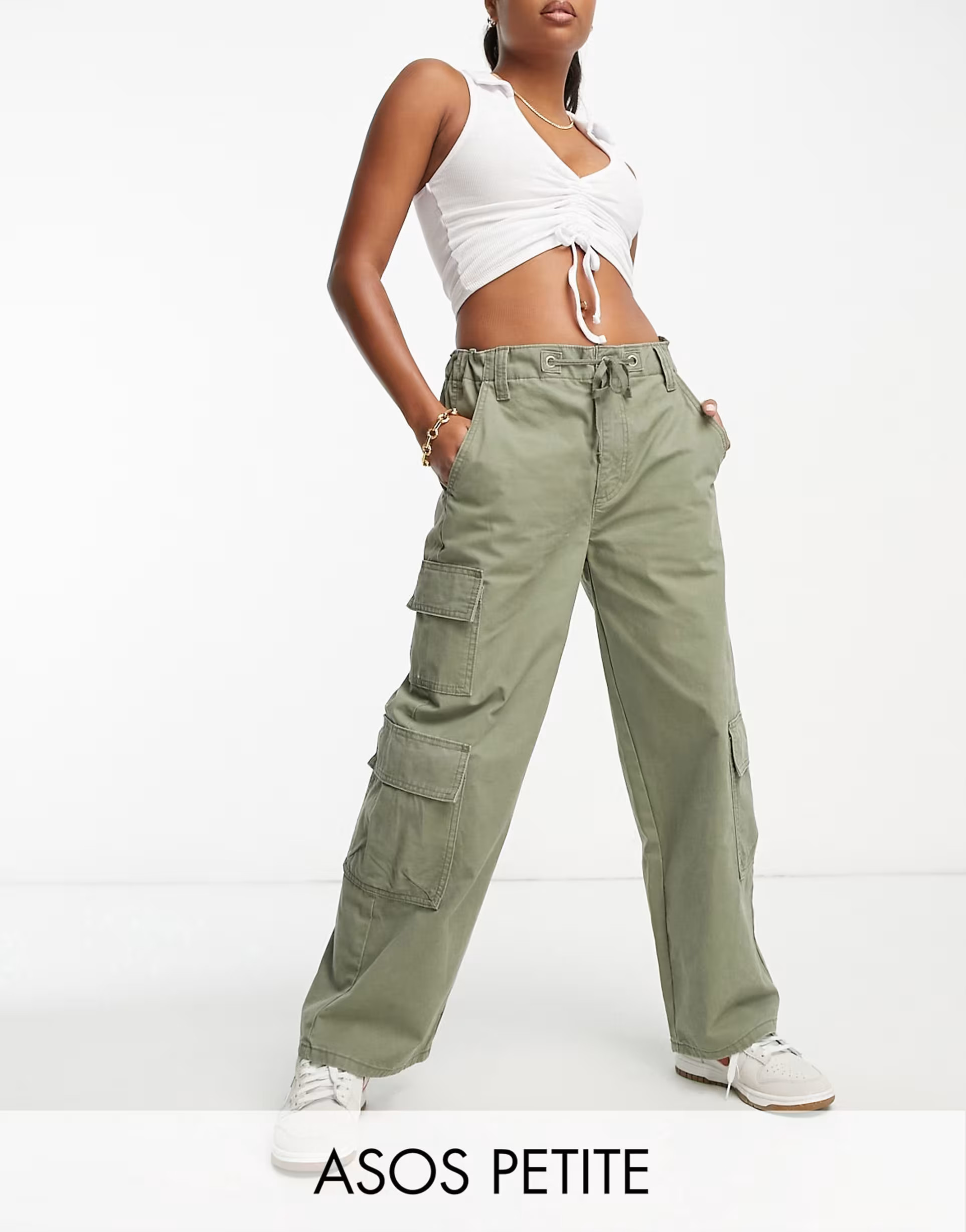 ASOS DESIGN Petite oversized cargo pants with multi pocket in khaki | ASOS (Global)