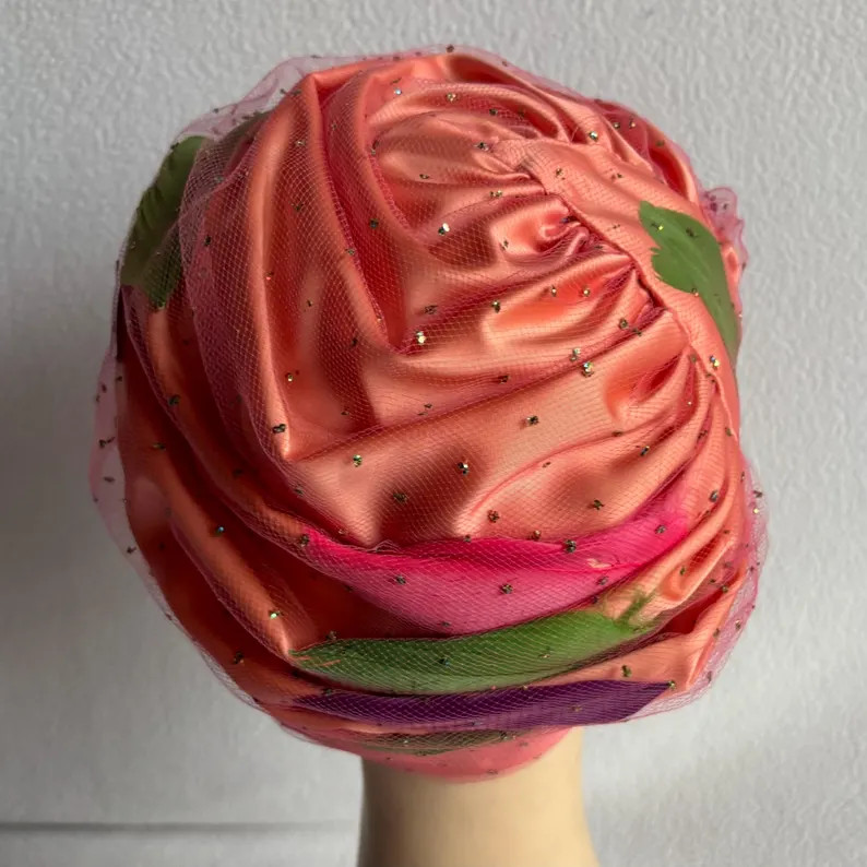 Vintage 1950s 1960s Coral Color Draped Turban Style Hat with Feathers & Rhinestones | Etsy (US)